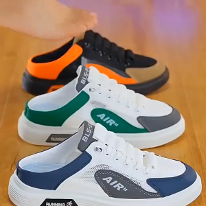 Mules Canvas Sneakers for Men Korean Style Half Slippers Fashion Flats Half Drag Shoes Male Trend Open Heels Skate Board Shoes Men Half Shoes Outdoor Half Slippers