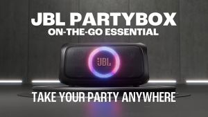 JBL PartyBox On The Go Essential / PartyBox On The Go / ParyBox On The Go 2 Portable Party Speaker with Built-in Lights and 2 Wireless Mics Amazing Pro Sound IPX4 Splashproof Protection 6 Hours of Playtime Convenient Shoulder Strap