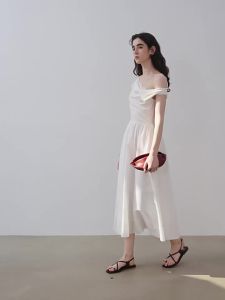 French Style Yellow Off-Shoulder Flared Neckline Slimming Dress