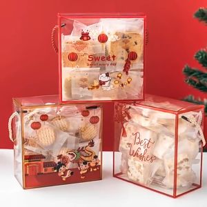 Túi Hộp Mica Vuông Trong Họa Tiết Xuân Đựng Bánh Quy Kẹo Nougat Quà Tết