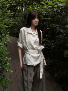 LIUBU | Regulation Sleeve Drawstring Waist Flax Lycell Striped Shirt