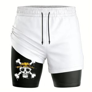 Bandai | Mens Shorts 2026 One Piece Anime Print Double-layer 2 in 1 Shorts Y2k Sports Pants Gym Wear Streetwear Summer Breathable Mesh