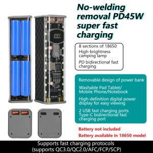 Solderless 8-cell 18650 battery case for PD45W super-fast charging power bank housing with integrated outdoor light