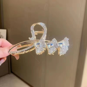 Sansheng with Apricot Rhinestone Barrettes Female Back Head Updo Hair Claw Large Size Shark Clip Bun Hair Ornament Fancy Tide