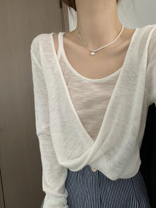 Korean Design Knot Micro-Light Long Sleeve Ice Silk Knitted Top Thin Sunshade Cover up Two-Piece Set Womens Loose Fit Summer Fashion