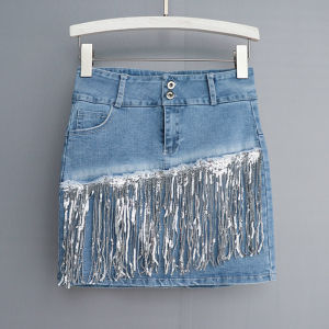 Korean Style Sequin Short Skirt Womens Fashion High Waist Slim Fit Bodycon Mini Skirt with Tassel One Step A-Line Skirt