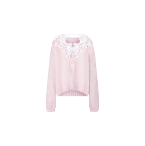XIAOLI | Celebrity Favored Pink Mohair Lace Knit Sweater