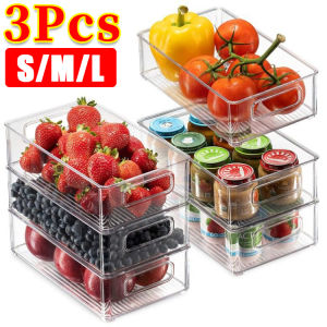 3pcs Stackable Refrigerator Storage Box / Clear Freezer Food Fresh Keeping Boxes with Handle / Kitchen Food Vegatables Fruits Organizer Container