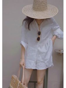 Stylish and Youthful White Linen Cotton Two-piece Set