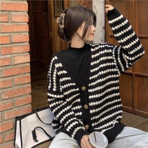 Christmas Party outfits Striped V-neck Knitted Cardigan Womens New Korean Style Loose Long Sleeve Outerwear Fashion Sweater(40-65kg)