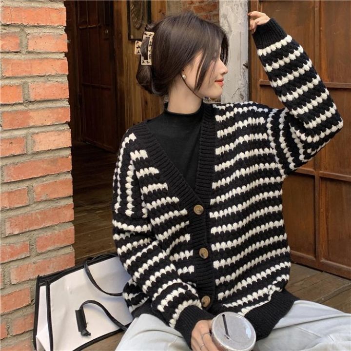 Christmas Party outfits Striped V-neck Knitted Cardigan Women's