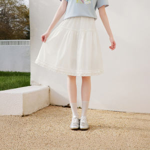 XIANGYING | New High-Waist A-line Midi Skirt with Lace Trim Design White