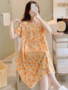 Summer Ladies Cotton Silk Sleep Dress Loose Thin Short Sleeve Floral Home Clothes plus Size Comfortable Sweet Style Printed Dress
