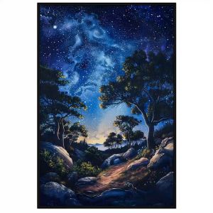 Tranh bầu trời đêm đầy sao phong cảnh khu rừng đêm trăng sáng.Tranh treo tường dán tường trang trí nội thất.CGI-1130