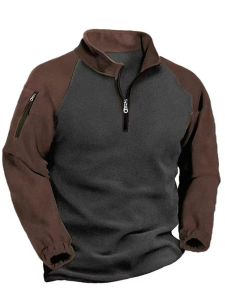 Color Block Thermal Jacket Zippered Outerwear Mens Loose Fit Fleece Jacket Thickened Outdoor Camping Travel Gear