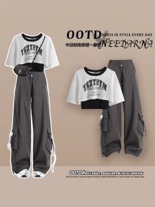 Casual Summer Workwear Set Womens Small Size Salt System Three-piece Suit Long Pants Short Sleeve round Neck Overhead Style