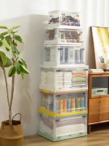 Folding Storage Box Transparent Plastic Organizer with Lid Multifunction Cabinet with Pulley