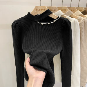 เสื้อสเวตเตอร์คอปกสูงครึ่งตัวสำหรับผู้หญิงในฤดูใบไม้ร่วงและฤดูหนาว เสื้อชั้นในแบบเปิดไหล่ ดีไซน์เก๋ไก๋ เสื้อถัก เสื้อชั้นในสำหรับผู้หญิง