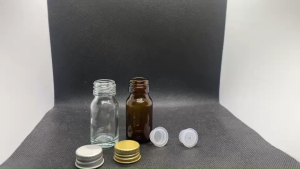 ขวด 15 มล. (50ใบ) ใส สีชา แก้วกลม + จุกรู + ฝาโลหะ#22มม.