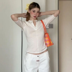 Áo thun BINKAFENNY cho nữ làm bằng cotton cổ chữ V tay ngắn