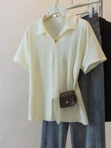 พลัสไซส์ ผู้หญิง ฤดูร้อน ดีไซน์ เสื้อยืดแขนสั้นคอโปโล หลวม Fit Covering Meat พรางหุ่น สไตล์เกาหลี เสื้อท่อนบน