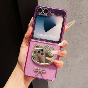 Sanrio | Glitter Diamond Bow Mirror Phone Case For Samsung Galaxy ZFlip 7 6 5 4 3 Folding Flip Case Full Hinge Shockproof For Girly Cover