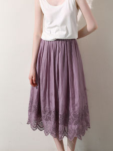 Miccbeirn | Pure Hemp Heavy Embroidery Lace Fairy Half Skirt Elegant White A-Line High Waist Slimming Umbrella Skirt Vintage Style Commute