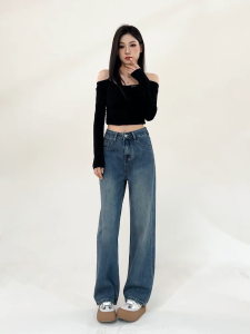 TMP OOTD Celana jins biru lurus Women Blue straight-leg jeans Loose and comfortable denim fabric