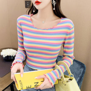 Áo Thun Dài Tay Cotton Nguyên Chất Cho Nữ Mùa Xuân Thu Ôm Vừa Vặn Cổ Tròn Kẻ Sọc Áo Lót Bên Trong Viền Hoa Mỏng