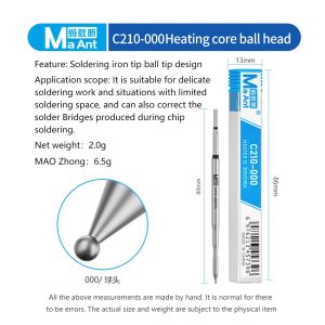MaAnt C210-000 Soldering Iron Tip Ball Head Heating Core with Efficient Heat Conduction for Temperature Recovery & Tin Planting