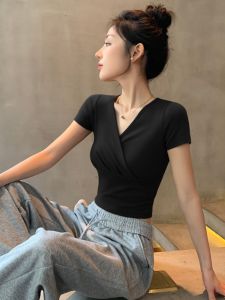 Áo Thun Cotton Màu Đen Cổ Chữ V Tay Ngắn Mùa Hè Mới Thắt Eo Thon Gọn Độc Đáo Hở Bụng Cạp Cao Ngắn Tay Áo Thun Cotton Nguyên Chất