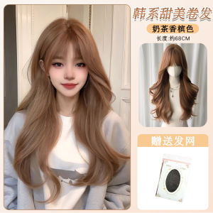 Long Hair Wig for Women Winter Champagne Color Big Curl Fake Human Hair Bleached Linen Full Head Cover Sweet Style Front Bangs