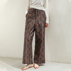 XEXZ | Vintage Floral Print Cotton Wide Leg Pants Womens Comfortable Straight Cut Elastic Waist Home Wear Sleepwear Autumn Fashion