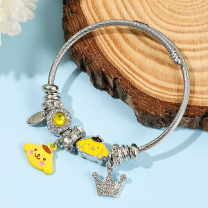 Sanrio | Cute Pompompurin Charm Bangle Zinc Alloy with Sparkly Rhinestone & Yellow Details Adjustable Open Bracelet for Girls