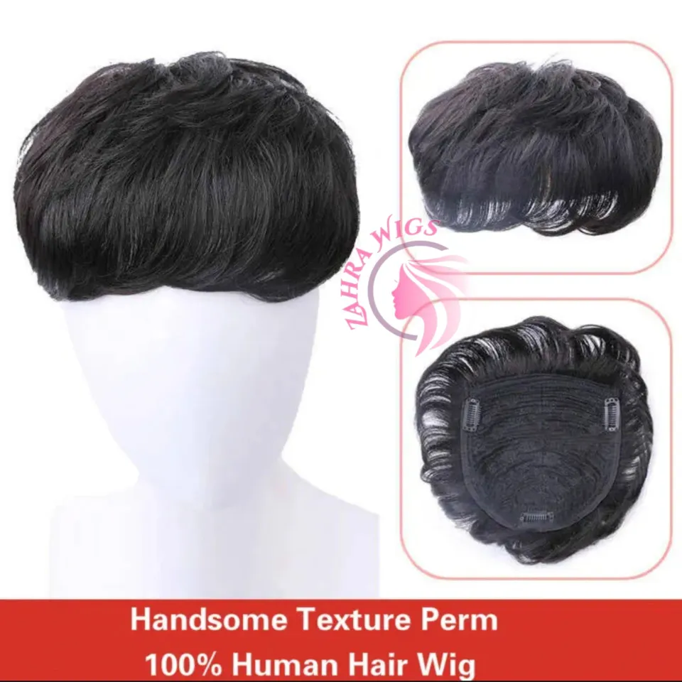 Toupee Pria Rambut Pendek Warna Hitam Alami Penutup Botak Tengah