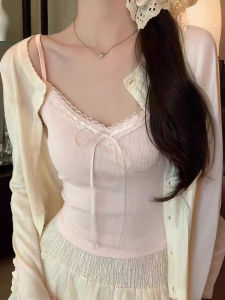 เสื้อกั๊กเกาะอกผ้าลูกไม้เข้ารูปสำหรับผู้หญิง แขนกุด คอวี แขนกุด ผ้าฝ้ายผสม ฤดูร้อน 2024 แฟชั่นสตรี เสื้อกั๊กเกาะอก