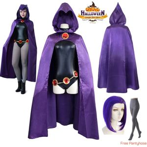 Womens TeenTitans-Raven Cosplay Costume Jumpsuit Purple Cloak with Belt Halloween Costume Uniform for Girls
