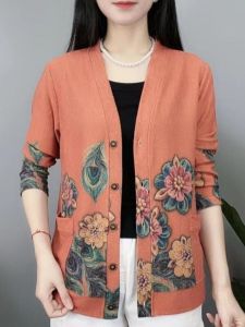 ฤดูใบไม้ร่วง แฟชั่นแม่ คาร์ดิเกน ลายดอก ลำลอง เสื้อผ้าถัก วัยกลางคน ผู้หญิง มีสไตล์ หลากหลาย คอวี ผ้าขนสัตว์ผสมแขนยาว