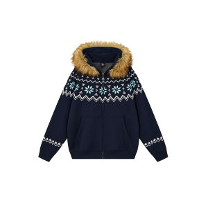 A chock | Fair Isle Print Hooded Sweatshirt with Fur Collar