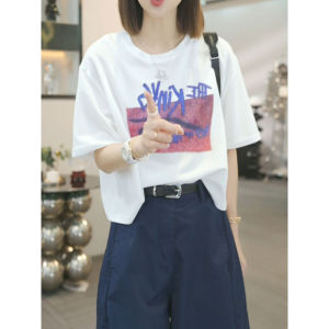 Shalldoer | White Letter Print Round Neck Short Sleeve T-Shirt Womens Loose Casual Versatile Summer Top Fashionable Short Shirt