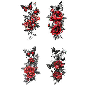 4pcs Waterproof Temporary Tattoo Sticker Dark Style Butterfly Red Rose Flowers Leaves Body Art Arm Fake Tattoos Sleeve Women Men
