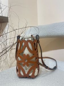 Womens Hollow out Mobile Phone Bag Mini Drawstring Canvas Inner Pocket Top Layer Cowhide Bucket Shoulder Bag Casual Style