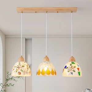 Rustic Wood Three Headed Restaurant Ceiling Light Vintage Japanese Style Bed & Breakfast Dining Table Bar Shell Pendant Light