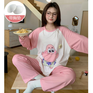 ชุดนอนผู้หญิงแขนยาวผ้าฝ้ายลายดอกไม้พร้อมแผ่นเสริมหน้าอก ชุดอยู่บ้าน ชุดนอนฤดูใบไม้ผลิและฤดูใบไม้ร่วง ชุดนอนฤดูร้อน