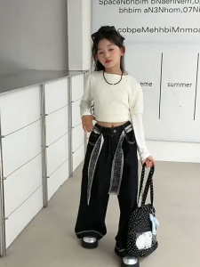 New Korean Fashion Kids Girls Jeans Elastic Waistband Baggy Denim Pants High Quality Denim Pants Waist Sash Decoration Girls Bottoms 7-16yrs Girls Outfit