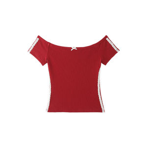 American Style Red Shoulder T-Shirt Womens Summer Slimming Design Striped Short Sleeve Top Fashionable Butterfly Knot Commute Style
