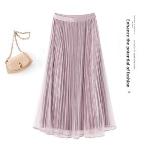 MEITESIJIAONU | Netted Pleated A-Line Skirt Spring Summer Champagne Color