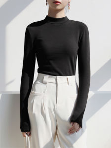 Fleece Lined Brushed Knit Long Sleeve Womens Base Shirt Half High Collar Thick Warm Top T-Shirt Commute Style High Waist