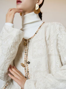 Embroidered Beaded Pearl Chinese Style Jacket Round Collar Long Sleeve