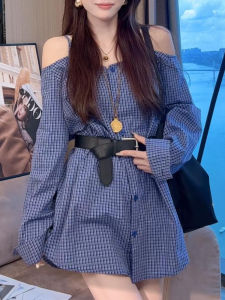 Shalldoer | French Elegant Shoulder Bared Long Sleeve Plaid Shirt Dress Women Summer Design Slim Fit Mini Skirt Casual High Waist A-Line Dress